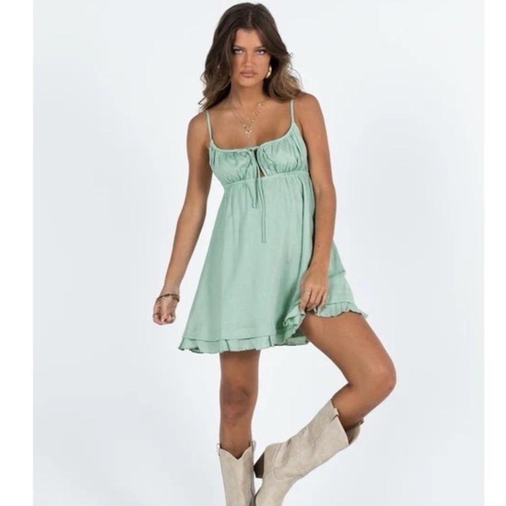Princess Polly Empress of Love Sage‎ Green Linen Milkmaid Babydoll Mini Dress, 6
